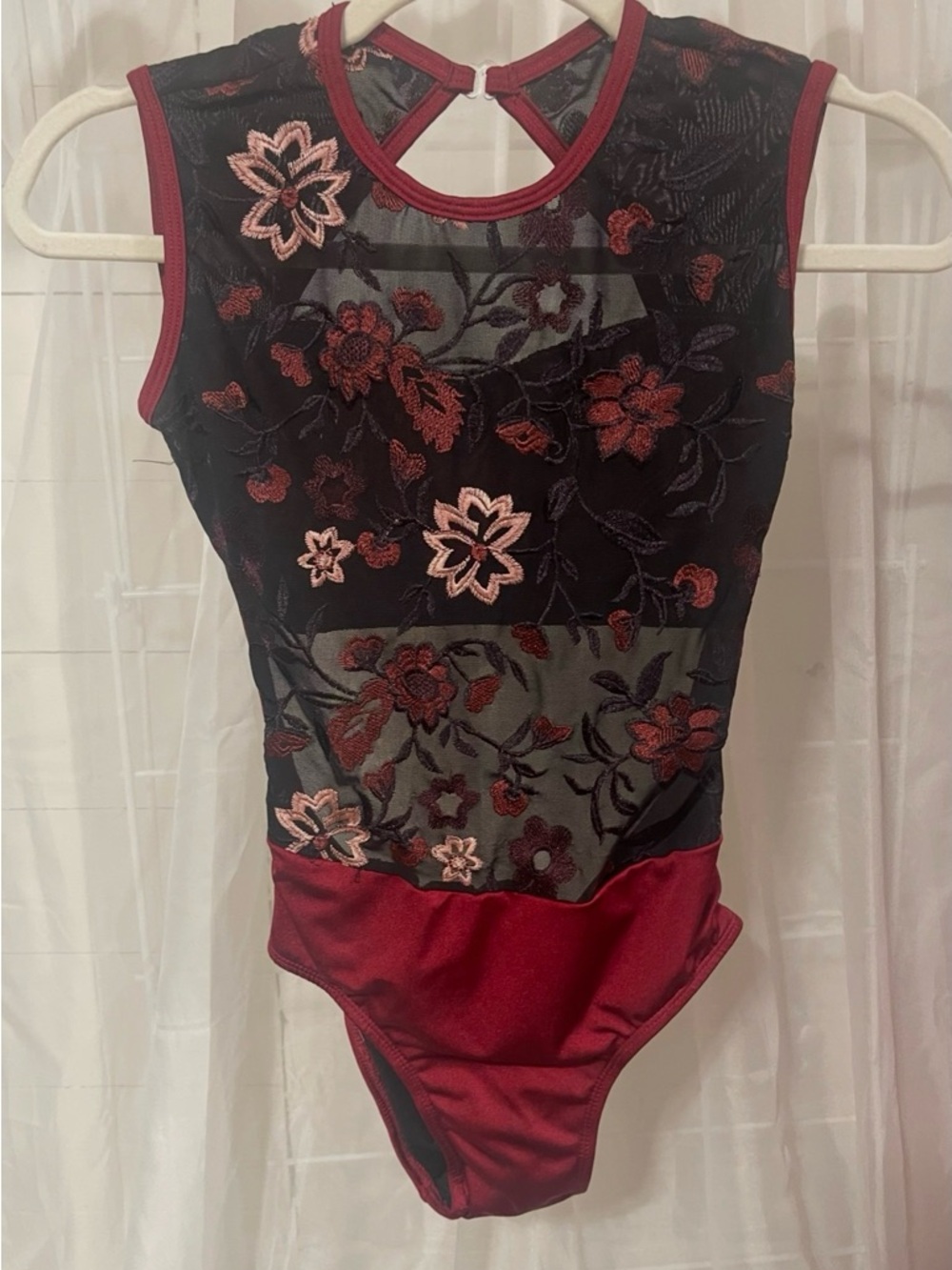 Chelsea B Women's Burgundy Floral Mesh Bodysuit